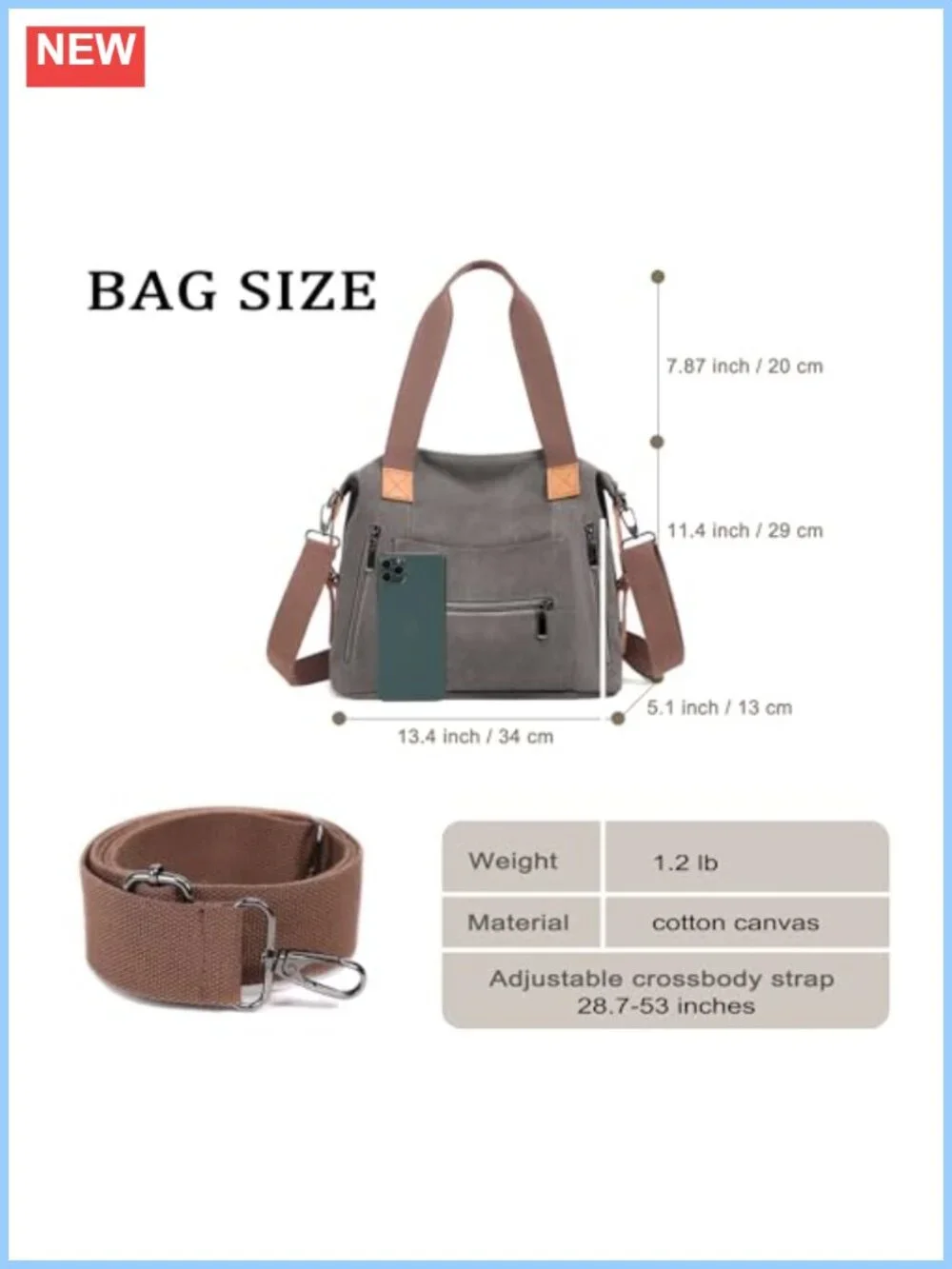 Canvas Shoulder Crossbody Bag Women Tote Purse 16 oz Washed